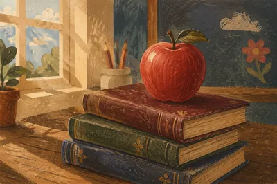 Red Apple on Vintage Books Desk