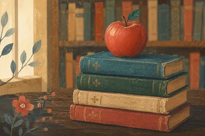 Red Apple on Vintage Books Table