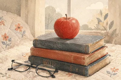 Red Apple on Vintage Books Still Life