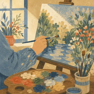 Hands Painting Garden Scene in Art Class