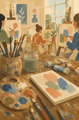Creative Art Class Palette and Canvas Scene