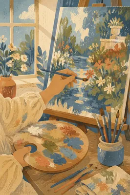 Hands Painting Garden Scene in Art Class