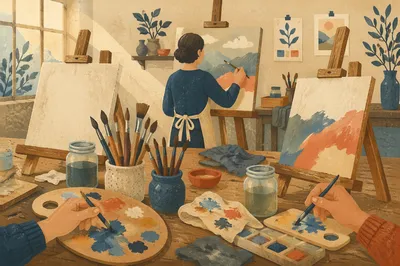 Bright Community Art Class with Canvases
