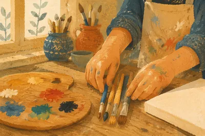 Art Class Palette Brushes and Blank Canvas