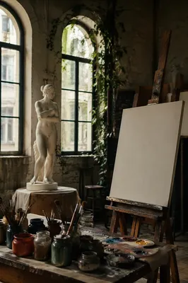 Quiet Art Classroom with Canvas and Brushes