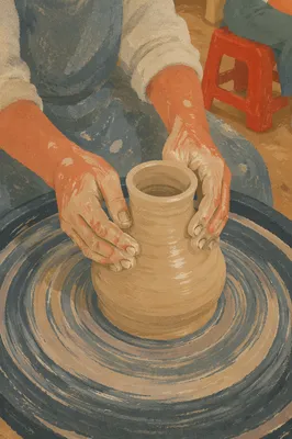 Hands Shaping Clay on Pottery Wheel