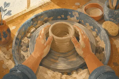 Clay Hands Shaping Pottery in Art Class