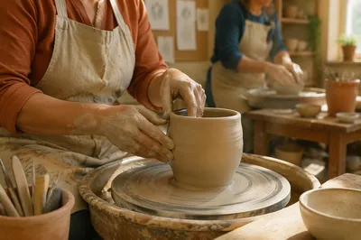 Adult Pottery Class Hands Shaping Clay