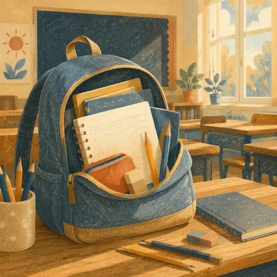 Sunlit Backpack and School Supplies Still Life