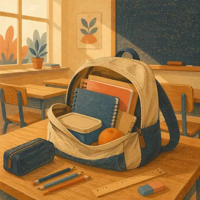 Sunlit Backpack and School Supplies Scene