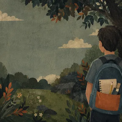 Child with Backpack and School Supplies