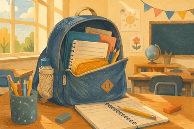 Sunlit Backpack and School Supplies Scene