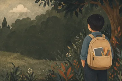 Child with Backpack and School Supplies