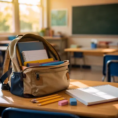 Sunlit Backpack and School Supplies on Desk