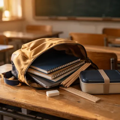 Sunlit Backpack and School Supplies on Desk