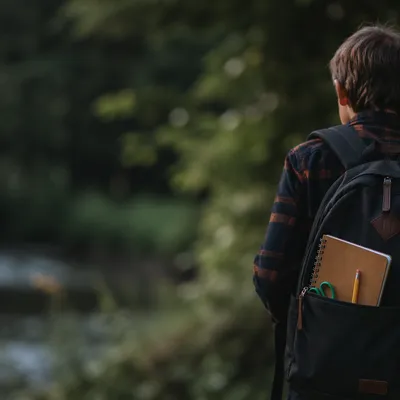 Child with Backpack and School Supplies