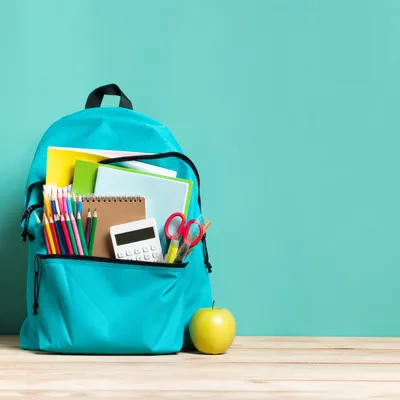Teal Backpack with School Supplies Scene