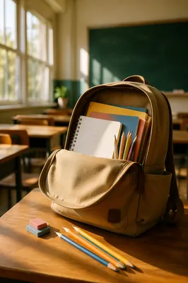 Sunlit Backpack with School Supplies on Desk