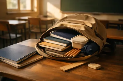 Sunlit Backpack and School Supplies on Desk