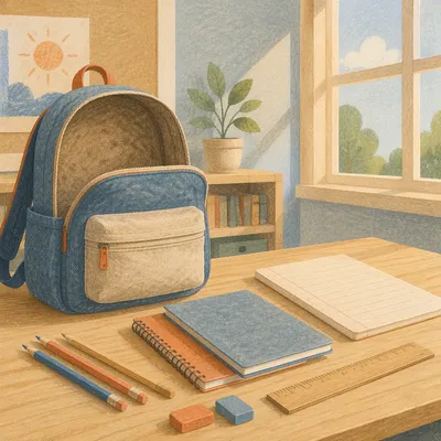 Open Backpack and School Supplies on Desk