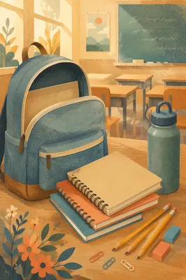 Sunlit Backpack and School Supplies Desk Scene
