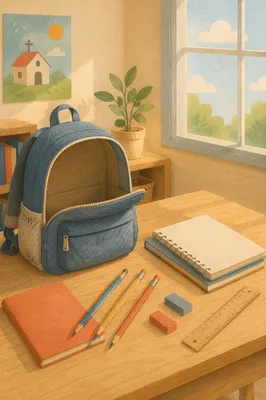 Backpack and School Supplies Morning Desk Scene