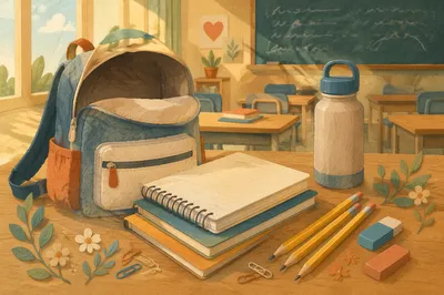 Back to School Supplies on Classroom Desk
