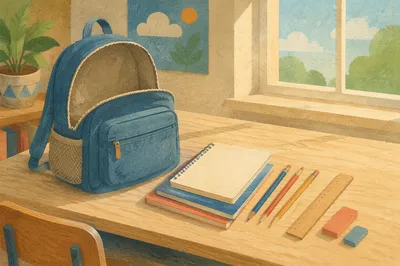 Backpack and School Supplies Morning Desk Scene