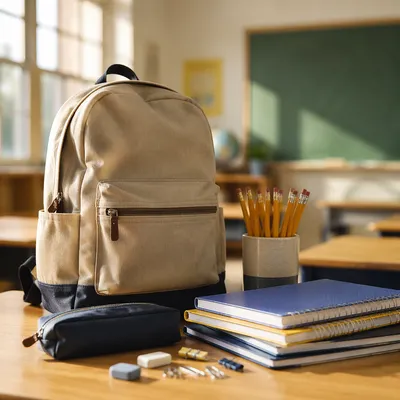 Back to School Backpack on Classroom Desk