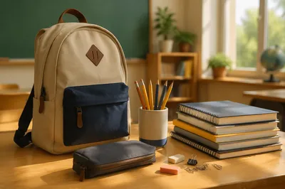 Back to School Supplies on Classroom Desk