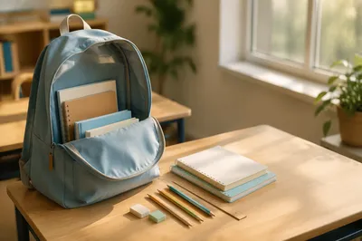 Open Backpack and School Supplies on Desk