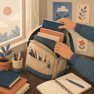 Backpack and School Supplies on Study Desk