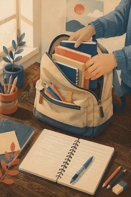 Backpack and School Supplies on Study Desk