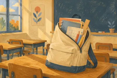 Sunlit Backpack With School Supplies on Desk