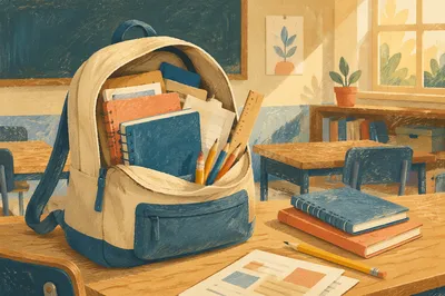 Sunlit Backpack with School Supplies on Desk