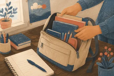 Backpack and School Supplies on Study Desk