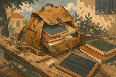 Vintage School Backpack with Books and Supplies