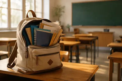 Sunlit Backpack with School Supplies on Desk