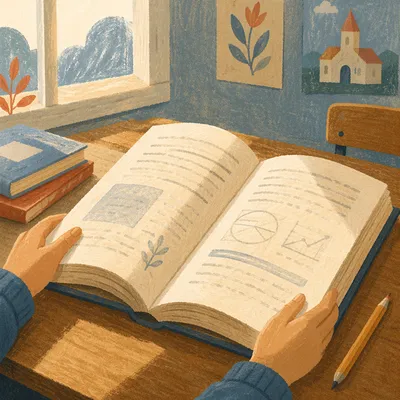 Open Textbook Close-Up on Study Desk