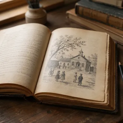 Open Vintage Education Book on Wooden Desk