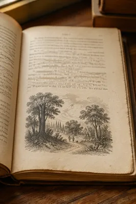 Open Vintage Storybook with Woodland Engraving