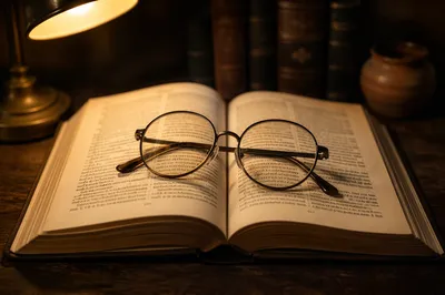 Open Study Book With Reading Glasses