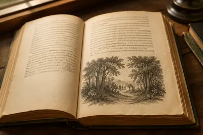Open Vintage Storybook With Woodland Engraving