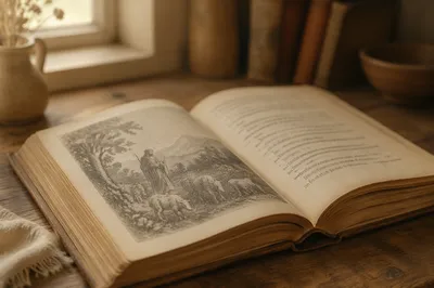 Open Vintage Book in Warm Study Light