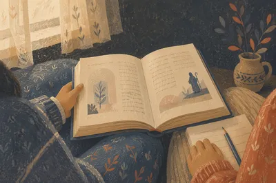 Open Study Book in Warm Sepia Light