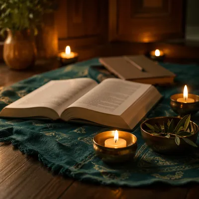 Open Study Book with Candlelit Reflection