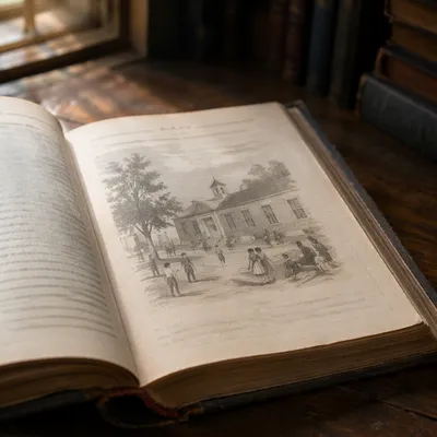 Open Vintage Education Book on Wooden Desk
