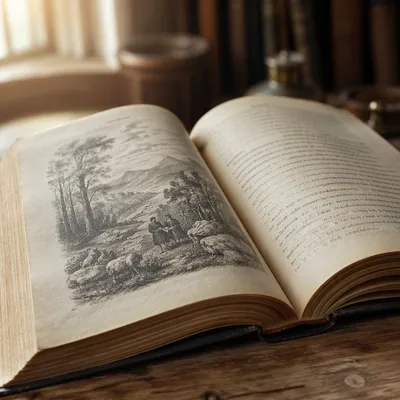 Vintage Open Book in Warm Study Light