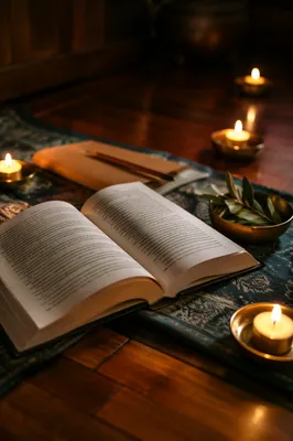 Open Study Book with Candlelit Reflection