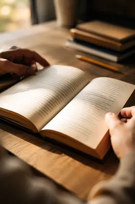 Open Book Reading Close-Up on Study Table